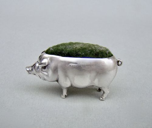 fig 1. EDWARDIAN SILVER PIG PIN CUSHION BY ADIE & LOVEKIN, BIRMINGHAM 1902