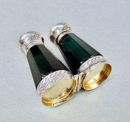 Rare Victorian Silver "Binocular" Green Glass Double-ended Scent Bottle, Circa 1880