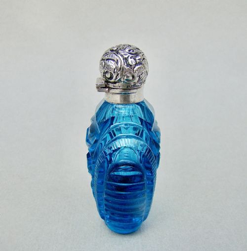 fig 1. UNUSUAL VICTORIAN SILVER & SLICED-CUT TURQUOISE GLASS SCENT BOTTLE, CIRCA 1880