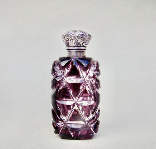 fig 1. EXQUISITE VICTORIAN SILVER AND AMETHYST OVERLAY BOHEMIAN GLASS SCENT BOTTLE, CIRCA 1890