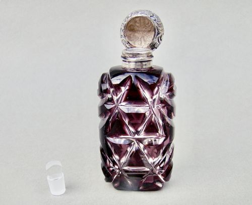 fig 3. EXQUISITE VICTORIAN SILVER AND AMETHYST OVERLAY BOHEMIAN GLASS SCENT BOTTLE, CIRCA 1890