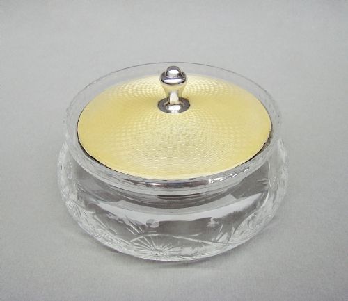 ART DECO SILVER GUILLOCHE ENAMEL TOILETRY JAR BY CHARLES GREEN CO BIRMINGHAM 1935