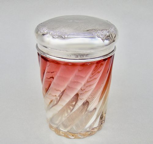 fig 1. SILVER MOUNTED FRENCH BACCARAT BAMBOO PATTERN ROSE TEINTE LIDDED POWDER JAR BY WILLIAM AITKEN, BIRMINGHAM 1910