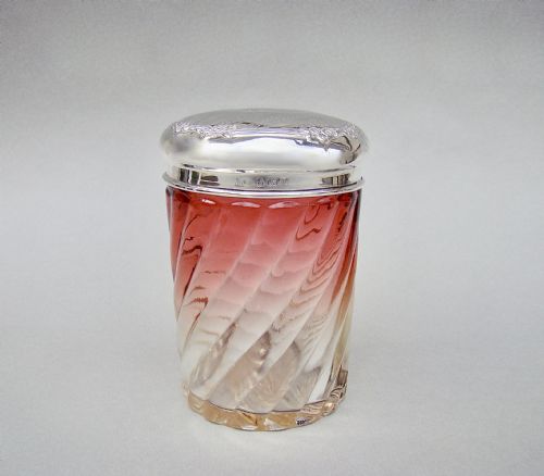 Silver Mounted French Baccarat Bamboo Pattern Rose Teinte Lidded Powder Jar by William Aitken, Birmingham 1910