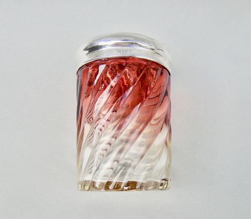 fig 2. SILVER MOUNTED FRENCH BACCARAT BAMBOO PATTERN ROSE TEINTE LIDDED POWDER JAR BY WILLIAM AITKEN, BIRMINGHAM 1910