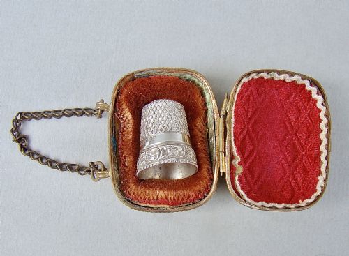 Delightful Sterling Silver Thimble in Ormulu Chatelaine Thimble Case, Circa 1890