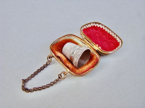 fig 1. DELIGHTFUL STERLING SILVER THIMBLE IN ORMULU CHATELAINE THIMBLE CASE, CIRCA 1890