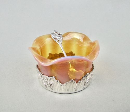 fig 2. RARE FRENCH ART NOUVEAU SILVER MOUNTED VASELINE GLASS SALT & SPOON, CIRCA 1900