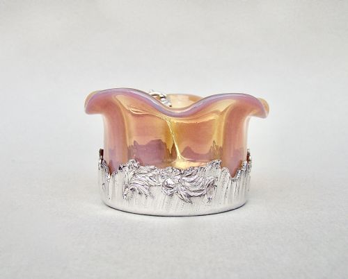 fig 1. RARE FRENCH ART NOUVEAU SILVER MOUNTED VASELINE GLASS SALT & SPOON, CIRCA 1900