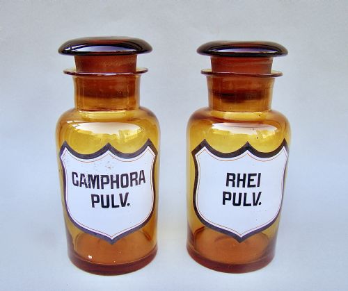 Rare Pair of 19th Century French Amber Glass Apothecary Jars, Circa 1890