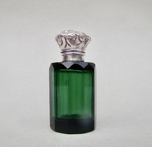 Small Victorian Silver Mounted Green Glass Glass Scent Bottle , Circa 1890