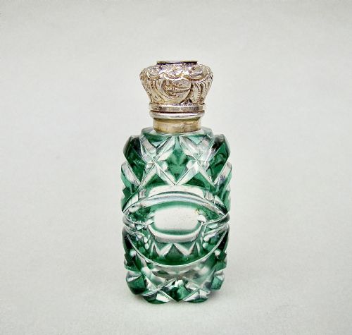 Victorian Silver Gilt and Bristol Green Overlay Bohemian Glass Scent Bottle, Circa 1890