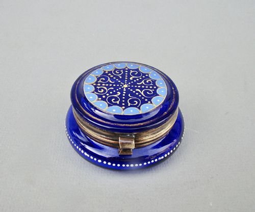 19th Century French Enamelled Bristol Blue Glass Trinket Box, Circa 1890
