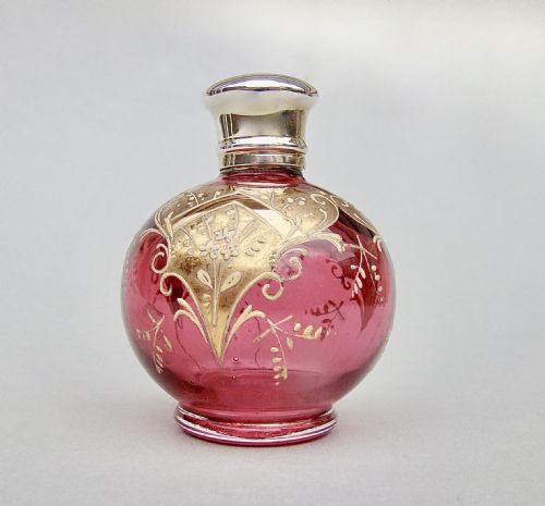 Victorian Silver Gilt Enamelled Cranberry Glass Scent Bottle, Circa 1890