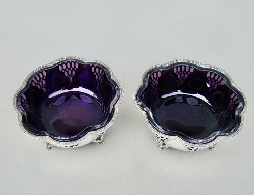 fig 3. EXQUISITE PAIR OF GEORGE V SILVER & AMETHYST GLASS BONBON DISHES BY MAPPIN & WEBB, BIRMINGHAM 1913