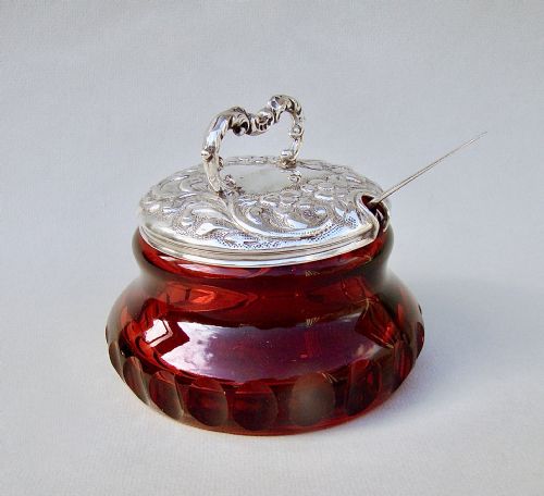 fig 1. STRIKING VICTORIAN SILVER MOUNTED RUBY GLASS PRESERVE JAR BY SYNYER & BEDDOES, BIRMINGHAM 1899