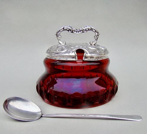 fig 2. STRIKING VICTORIAN SILVER MOUNTED RUBY GLASS PRESERVE JAR BY SYNYER & BEDDOES, BIRMINGHAM 1899