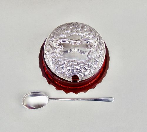 fig 3. STRIKING VICTORIAN SILVER MOUNTED RUBY GLASS PRESERVE JAR BY SYNYER & BEDDOES, BIRMINGHAM 1899