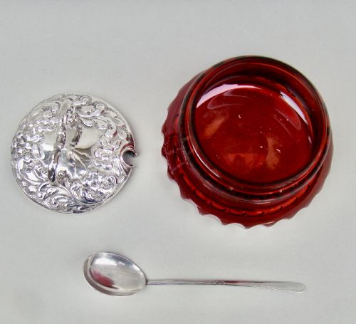 fig 4. STRIKING VICTORIAN SILVER MOUNTED RUBY GLASS PRESERVE JAR BY SYNYER & BEDDOES, BIRMINGHAM 1899