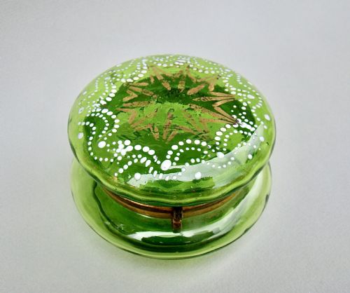 Delightful 19th Century French Green Glass Enamelled Trinket Box, Circa 1890