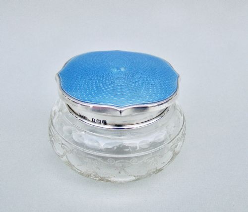 Art Deco Silver & Guilloche Enamel Dressing Table Jar by W.g. Sothers, Birmingham 1930