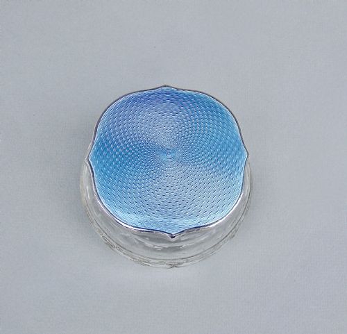 fig 1. ART DECO SILVER & GUILLOCHE ENAMEL DRESSING TABLE JAR BY W.G. SOTHERS, BIRMINGHAM 1930