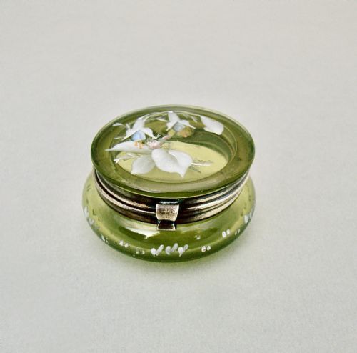 Delightful French Art Nouveau Green Glass Enamelled Trinket Box, Circa 1900