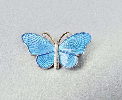 Small Norwegian Sterling Silver & Blue Enamel Butterfly Brooch, Circa 1930