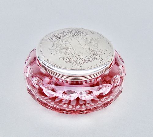 Continental Silver Plated & Overlay Cranberry Glass Dressing Table Jar, Circa 1900