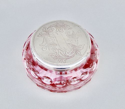 fig 2. CONTINENTAL SILVER PLATED & OVERLAY CRANBERRY GLASS DRESSING TABLE JAR, CIRCA 1900
