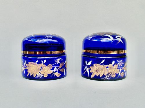 Stunning Pair of Victorian Enamelled Bristol Blue Glass Trinket Boxes, Circa 1890