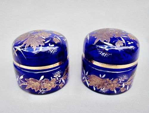 fig 1. STUNNING PAIR OF VICTORIAN ENAMELLED BRISTOL BLUE GLASS TRINKET BOXES, CIRCA 1890