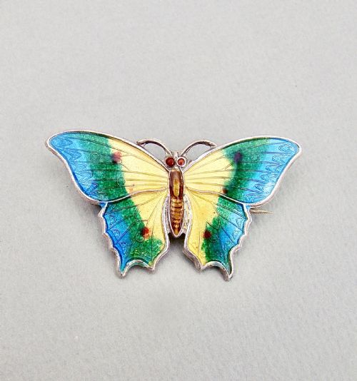 Scandinavian Sterling Silver & Guilloche Enamel Butterfly Brooch, Circa 1930