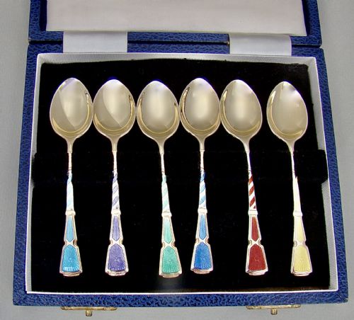 Cased Set of Six Mid-century Guilloche Enamel Coffee Spoons by Turner & Simpson