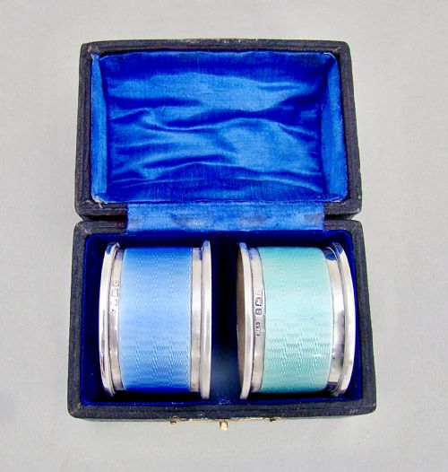 Rare Pair of Art Deco Silver & Guilloche Enamel Napkin Rings by Horton & Allday, Birmingham 1927