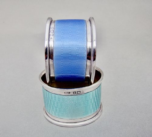 fig 3. RARE PAIR OF ART DECO SILVER & GUILLOCHE ENAMEL NAPKIN RINGS BY HORTON & ALLDAY, BIRMINGHAM 1927