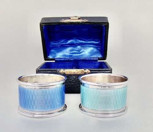 fig 1. RARE PAIR OF ART DECO SILVER & GUILLOCHE ENAMEL NAPKIN RINGS BY HORTON & ALLDAY, BIRMINGHAM 1927