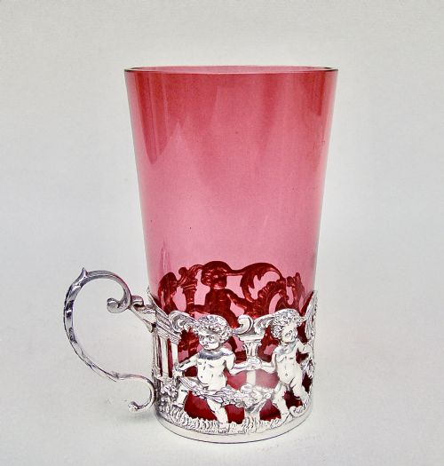 Exquisite Edwardian Silver & Cranberry Glass Tea Holder, London 1904