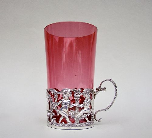 fig 1. EXQUISITE EDWARDIAN SILVER & CRANBERRY GLASS TEA HOLDER, LONDON 1904