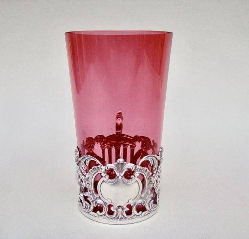 fig 2. EXQUISITE EDWARDIAN SILVER & CRANBERRY GLASS TEA HOLDER, LONDON 1904