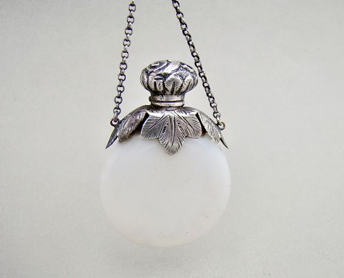 fig 1. DELIGHTFUL VICTORIAN SILVER & OPALINE GLASS CHATELAINE SCENT BOTTLE, CIRCA 1880