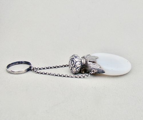 fig 2. DELIGHTFUL VICTORIAN SILVER & OPALINE GLASS CHATELAINE SCENT BOTTLE, CIRCA 1880