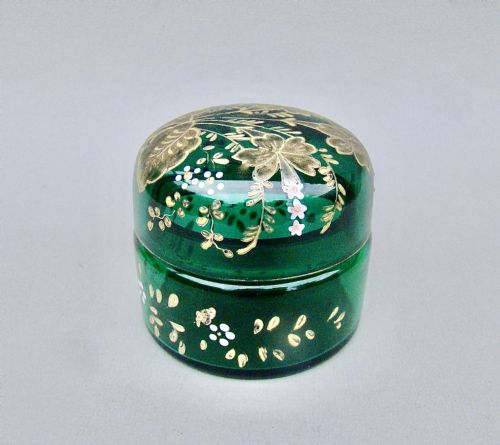 Delightful Victorian Enamelled Bristol Green Glass Trinket Box, Circa 1890