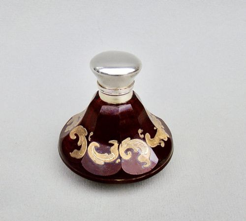 fig 1. VICTORIAN SILVER GILT RUBY GLASS ENAMELLED SCENT BOTTLE, CIRCA 1880