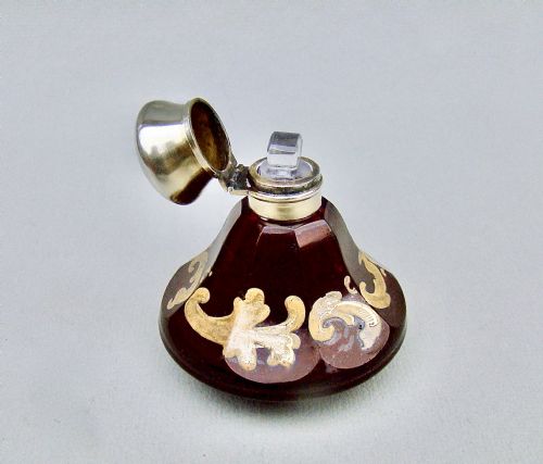 fig 3. VICTORIAN SILVER GILT RUBY GLASS ENAMELLED SCENT BOTTLE, CIRCA 1880