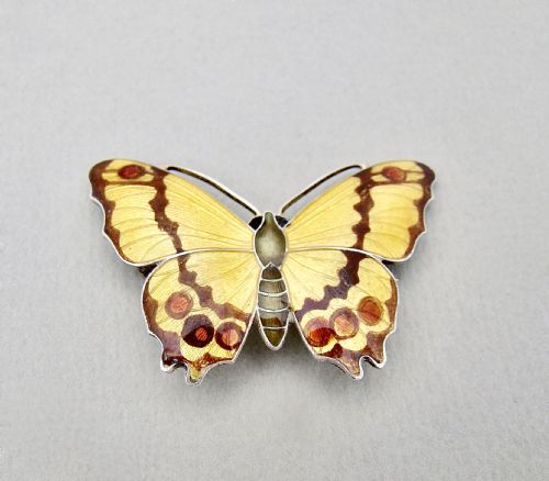 Art Nouveau Sterling Silver & Guilloche Enamel Butterfly Brooch by John Atkin & Sons, Circa 1910
