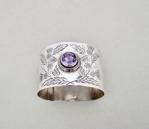 Exquisite Edwardian Silver Napkin Ring Inset with Amethyst Paste Stone by Joseph Gray Styles,  Birmingham 1908