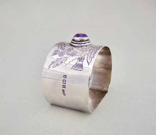 fig 1. EXQUISITE EDWARDIAN SILVER NAPKIN RING INSET WITH AMETHYST PASTE STONE BY JOSEPH GRAY STYLES, BIRMINGHAM 1908