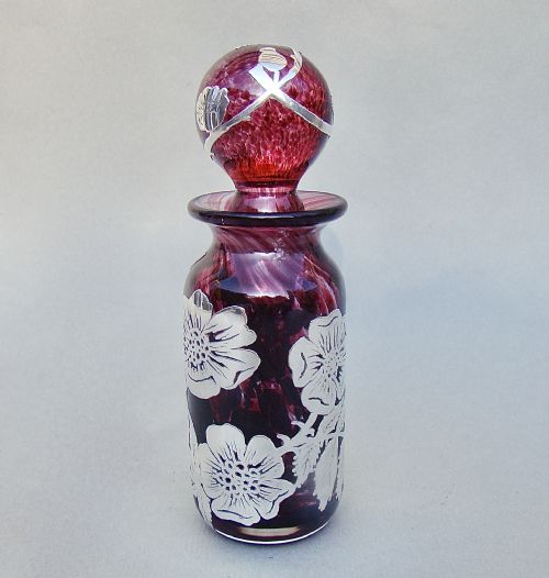 Unusual 2oth Century Overlay Silver and Art Glass Scent Bottle, Circa 1960