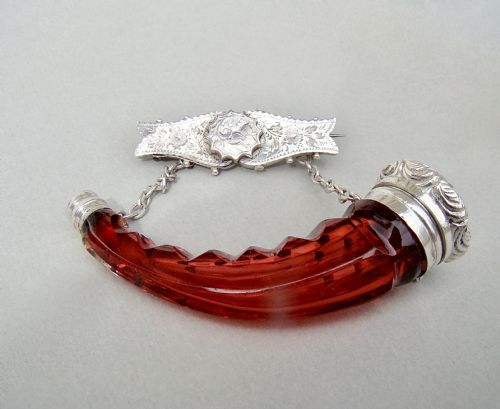 Rare Victorian Silver Cornucopia Cranberry Cut Glass Scent Bottle, Birmingham 1887
